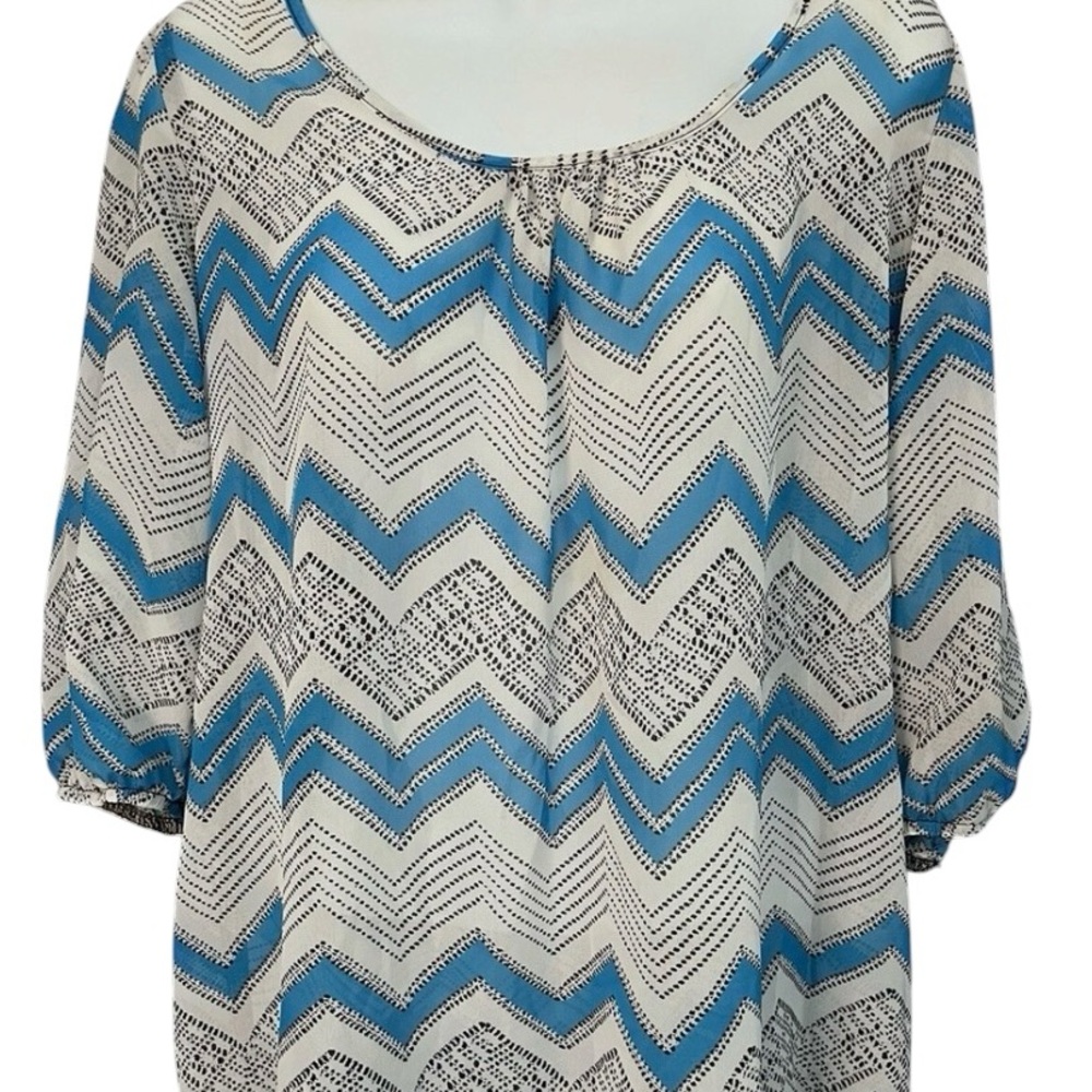 HeartSoul Cream Scoop-Neck Blouse with Blue Chevron Print